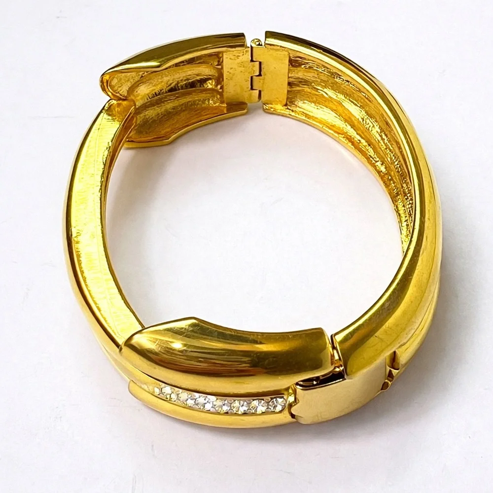 Vintage Napier Gold Tone Hinged Bangle Bracelet & Screw-Back Earrings Set 1980s
